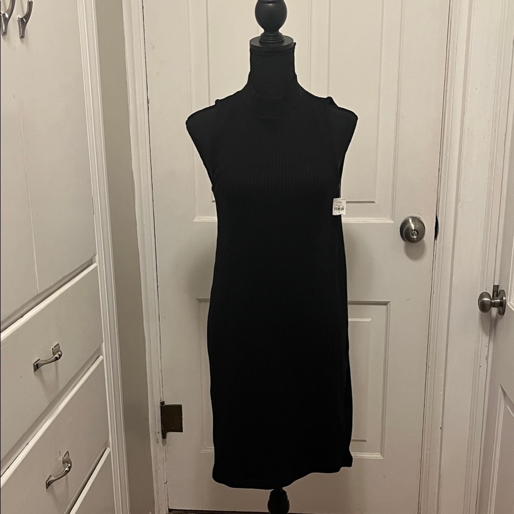 Ribbed Cotton  Black Sleeveless Dress